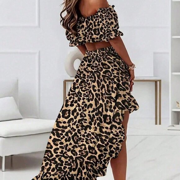 Multicolor Casual Women's Leopard Print Off Shoulder Cropped Shirt With Ruffled - Picture 2 of 5